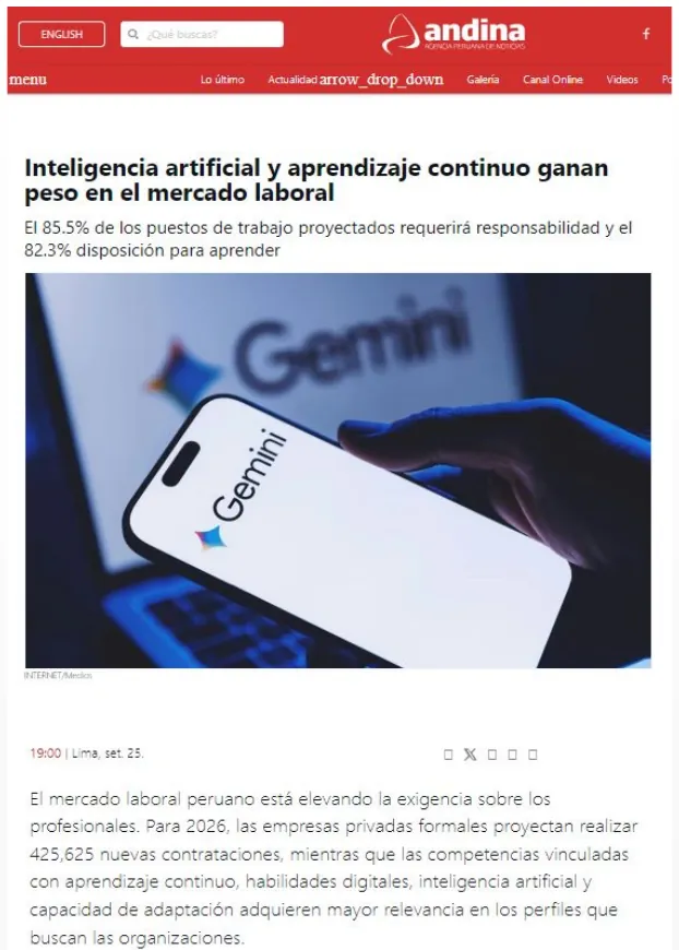 Captura: Andina — Inteligencia artificial y aprendizaje continuo ganan peso en el mercado laboral