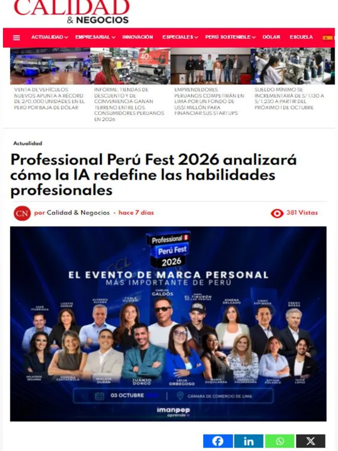 Captura: Calidad & Negocios — Professional Perú Fest 2026 analizará cómo la IA redefine las habilidades profesionales