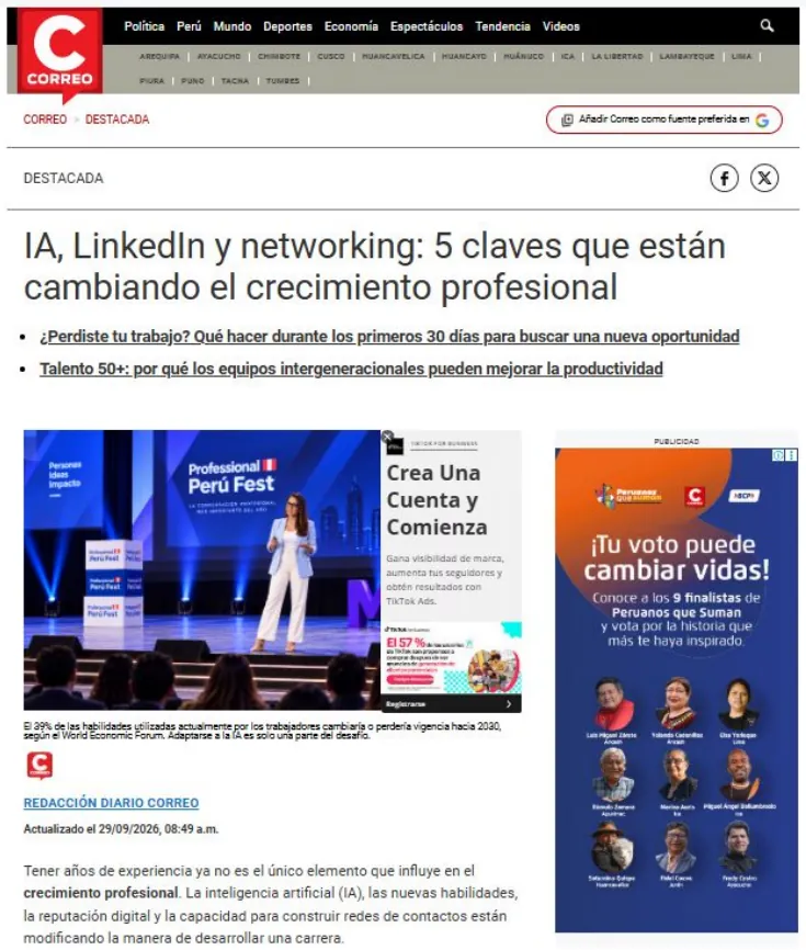 Captura: Diario Correo — IA, LinkedIn y networking: 5 claves que están cambiando el crecimiento profesional