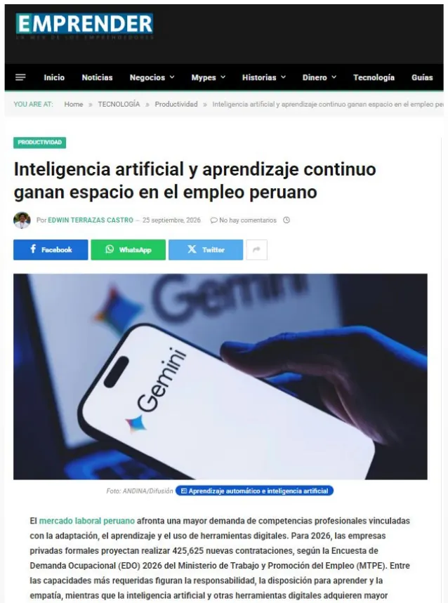 Captura: Emprender — Inteligencia artificial y aprendizaje continuo ganan espacio en el empleo peruano