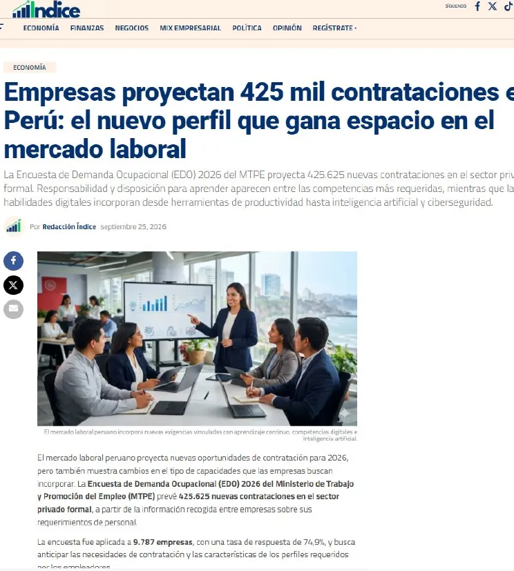 Captura: Índice — Empresas proyectan 425 mil contrataciones en Perú